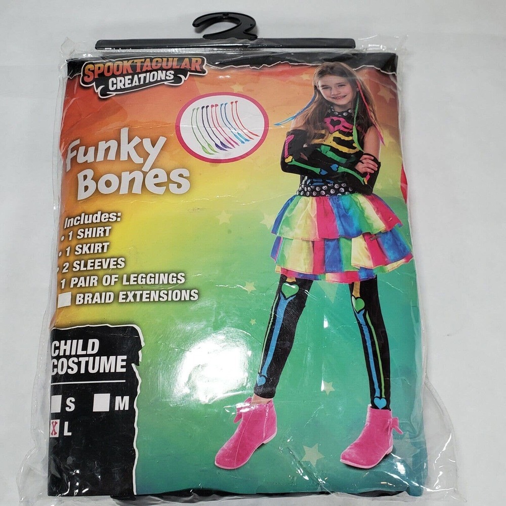 Halloween Costume Girls LG Deluxe Rainbow Skeleton Funky Bones 80s 5 Piece Set
